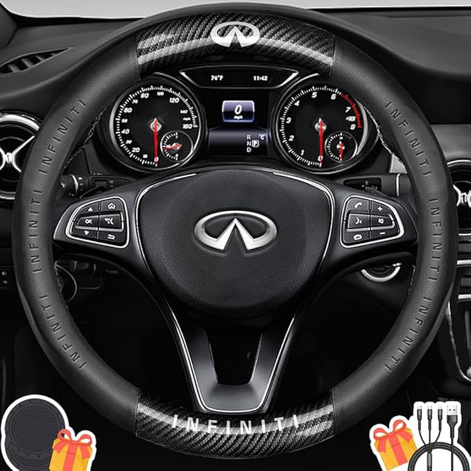 Customized Steering Wheel Cover Compatible with Infiniti, Premium Nappa Leather&Bright Carbon Fiber Texture Steering Wheel Cover, with Coasters and 3-in-1 USB Fast Charging Cable (Black)