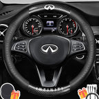 Customized Steering Wheel Cover Compatible with Infiniti, Premium Nappa Leather&Bright Carbon Fiber Texture Steering Wheel Cover, with Coasters and 3-in-1 USB Fast Charging Cable (Black)