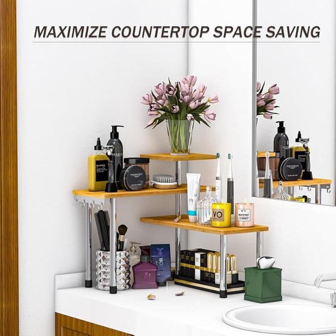 ZHWS Kitchen Countertop Organizer Spice Rack for Salt, Bathroom Counter Organizer Over Sink for Makeup, Skincare, Adjustable 