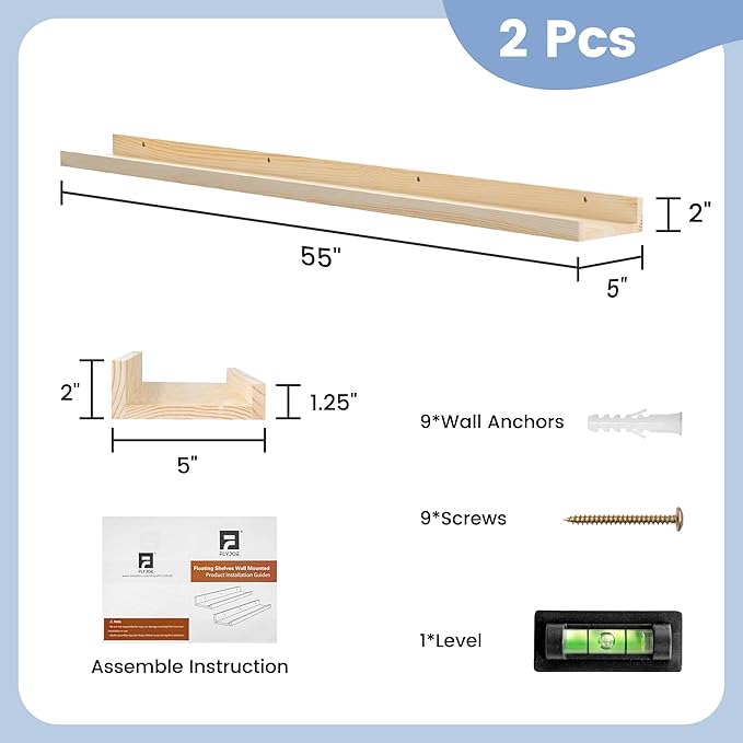 Picture Ledge Shelf, Floating Shelves Set of 2, Solid Ash Wood 56'' Long Large Nursery Book Shelves for Toys Storage, Kids Bo