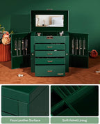 Homde Synthetic Leather Huge Jewelry Box Mirrored Watch Organizer Necklace Ring Earring Storage Lockable Gift Case (Forest Gr