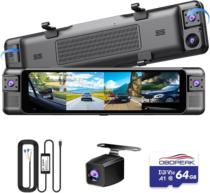 D80 4-Channel 4K Rear View Mirror Camera with ADAS and BSD,11” Touchscreen, Front and Rear and Left and Right Camera for Car，