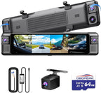 D80 4-Channel 4K Rear View Mirror Camera with ADAS and BSD,11” Touchscreen, Front and Rear and Left and Right Camera for Car，