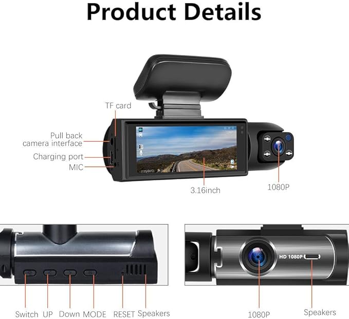 128GB Dash Cam Front and Rear for Cars with Night Vision, 1080P Dual Lens Dash Camera Inside and Outside, 24H Parking Monitor