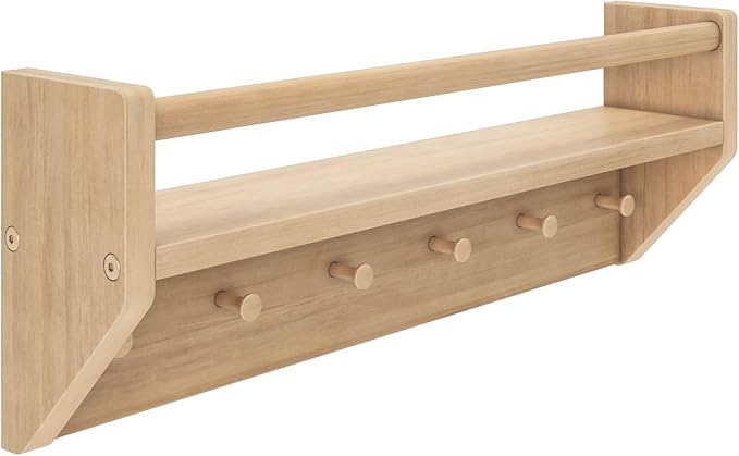 Max & Lily Wall Shelf with Pegs, 24 Inch Floating Bookshelf for Kids Room, Solid Wood Wall-Mounted Storage Shelf with Hooks f