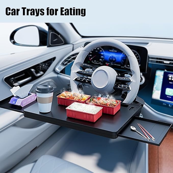 2 in 1 Large Steering Wheel Desk with Dual Slide-Out Trays, Steering Wheel Table Tray Fits for Most Cars, Adjustable Laptop Tray for Car