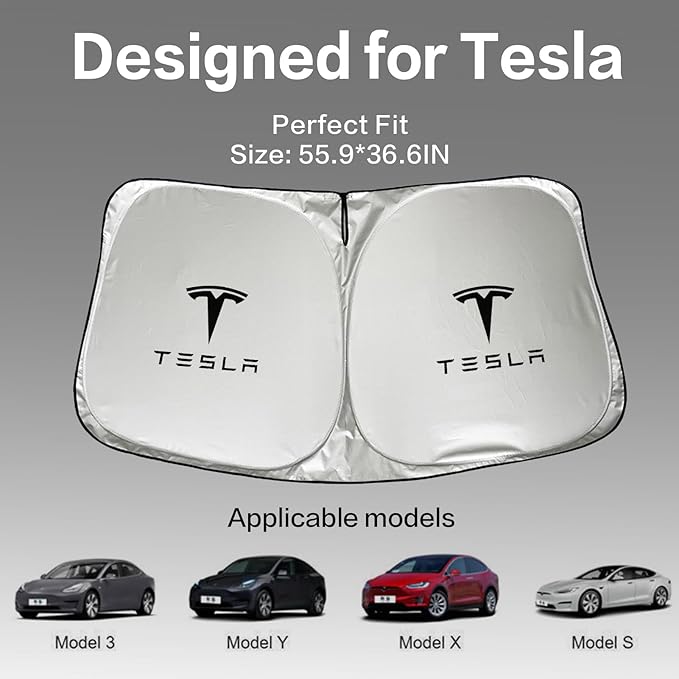 300T Sunshade for Tesla Model Y Model 3, Car Accessories 2026 for Tesla, Front Window Sunshade with Organizer Bag, Gifts for Tesla Owners