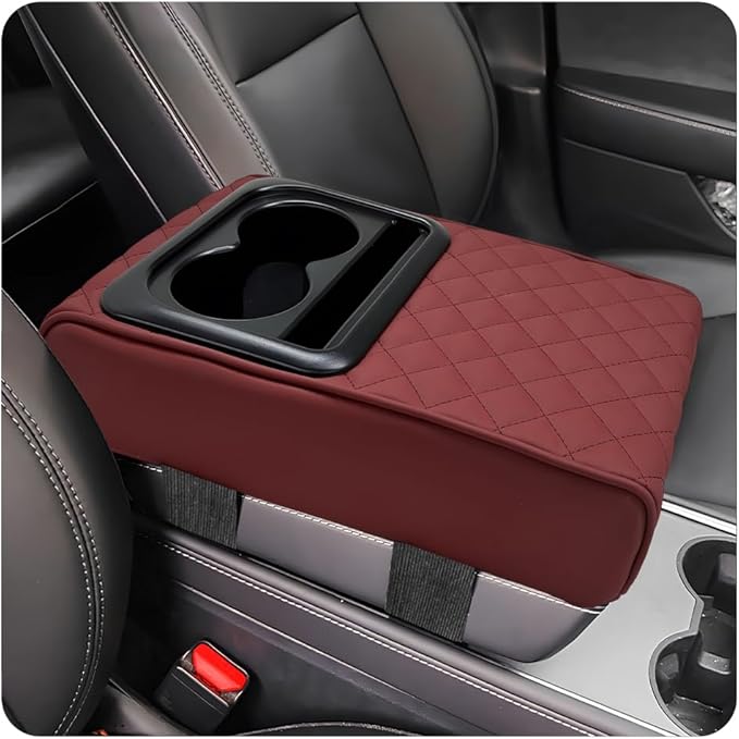 Car Center Console Armrest Pillow, Waterproof Car Armrest Cover Cushion with Cup and Phone Holder, Memory Foam Arm Rest Box Protector for Most Vehicles, Car Accessories (Wine Red)