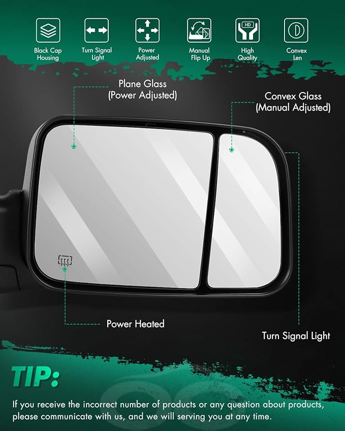 SCITOO Left Right Tow Mirror Compatible Fit for Towing Mirrors 2002-2008 For Dodge For Ram 1500 2003-2009 For Ram 2500 3500 Truck Black Power Adjusted Heated Turn Signal Light Pair Mirrors