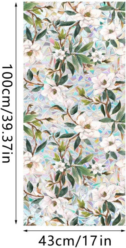 JOONOR Retro Gardenia Flowers Window Privacy Film,Gardenia Stained Glass Window Tint for Home,3D Rainbow Static Cling Sticker for Bathroom Living Room Glass Door,16.93 x 39.37 Inch