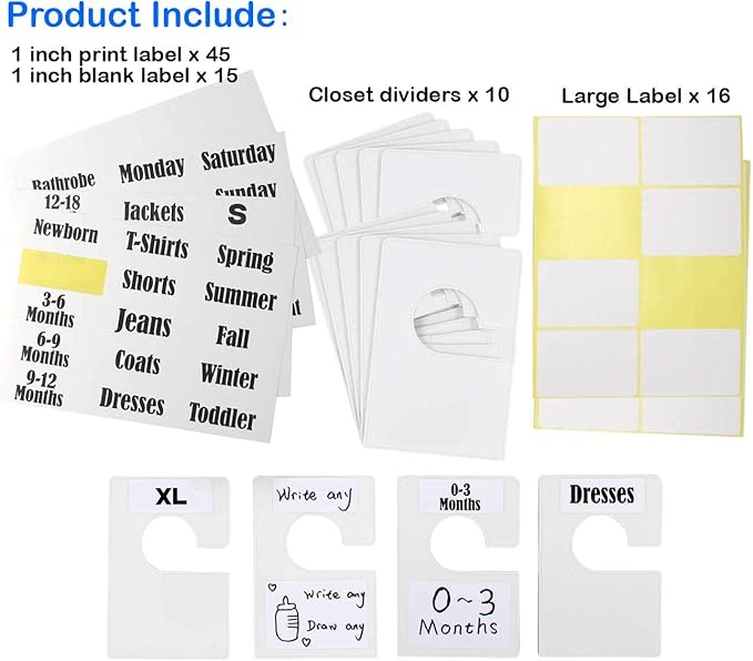 10 Pack White Clothing Rack Size Dividers Plus 60 Labels (1 Inch) and 16 Large Blank Labels, Large Rectangular Clothing Close