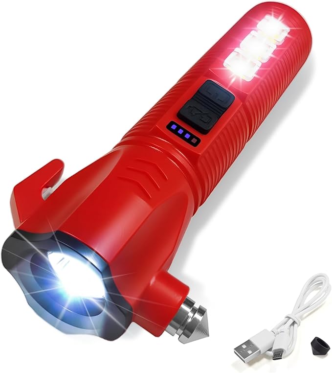 Red Emergency Car Flashlight - 2000 Lumen Dual Light 4-Level Battery Indicator Window Breaker & Seatbelt Cutter USB Rechargea