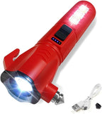 Red Emergency Car Flashlight - 2000 Lumen Dual Light 4-Level Battery Indicator Window Breaker & Seatbelt Cutter USB Rechargea