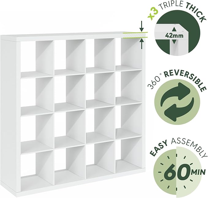 Furinno Cubicle Book Shelf, 16-Cube Bookshelf, Triple Thick Frame Cube Storage Organizer, 1.65" Bookcase, 15.4 x 57.4 x 56.9,