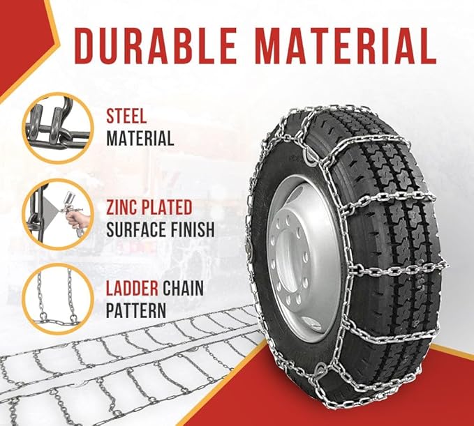 Mytee Products 2 Pair CAM Square Link Snow Chains Compatible w/ 22.5" Rim Diameter & 11" Wide Car Pickup Low-Duty Trucks SUV 
