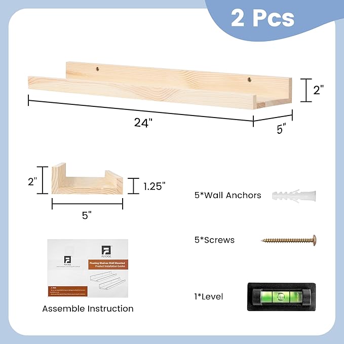 Picture Ledge Shelf for Wall, 24 inch Solid Ash Wood Nursery Book Shelves 2 Packs, Floating Shelves for Kids' Room Bedroom Ba