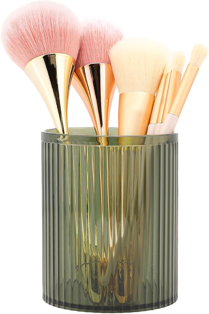 DASITON Makeup Brush Holder Organizer, Acrylic Makeup Brush Cup, Vintage Striped Make Up Brush Holder for Vanity, Bathroom Co