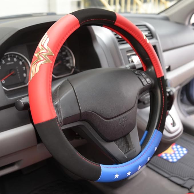 BDK Warner Bros DC Comics Wonder Woman Steering Wheel Cover - Car Accessories for Women, Superhero Heroine Gift Ideas, Original Red White Blue WonderWoman Logo, Universal Standard Fit 14.5-15.5 Inches