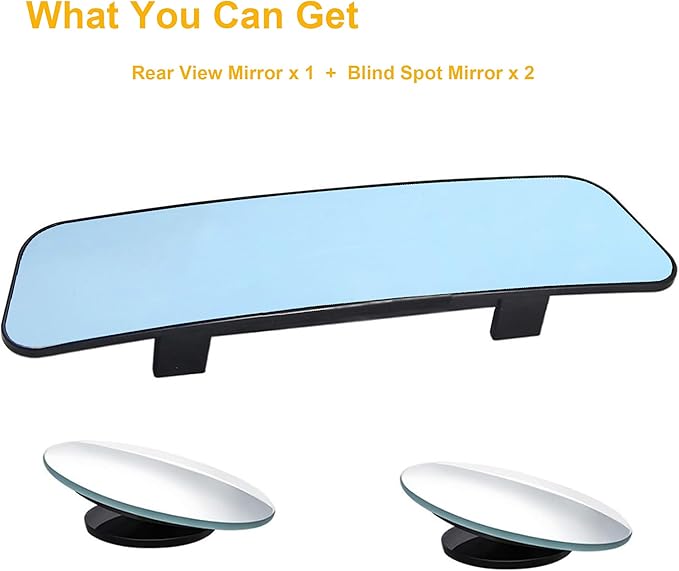 Kitbest Rear View Mirror, Universal Clip On Wide Angle Anti Glare Blue Tint Car Mirror (Bonus 2 PCS Blind Spot Mirrors)