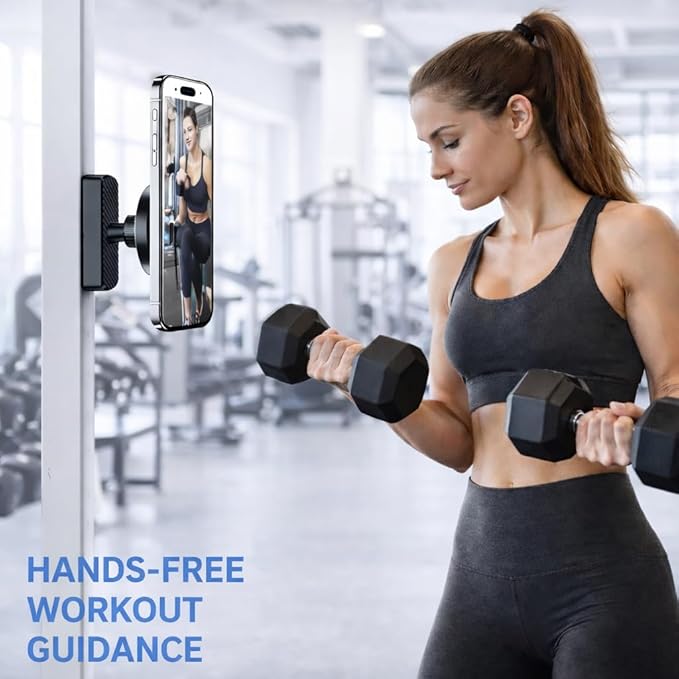 LEPHYON Magnetic Phone Holder for Gym, Ultra Strong Magnet Phone Mount for Exercise Equipment, Compatible with iPhone Samsung All Cell Phones, Adjustable 360° Rotation, No-Slip Workout Accessory