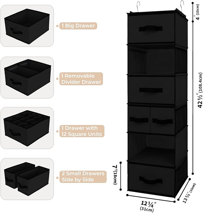 GRANNY SAYS Hanging Closet Organizer 6 Shelves, Closet Organization and Storage with 5 Different Drawers, 6 Side Pockets Ward