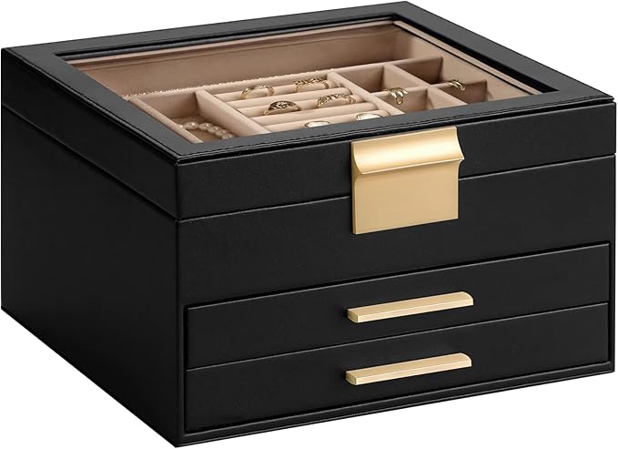 Somduy Jewelry Box Organizer for Women,3 Layers Jewelry Storage Display Box with Glass Lid,Gift for Christmas,3 Drawers,Large