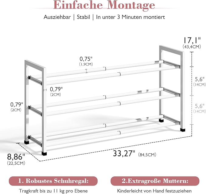 Bumusty 3-Tier Expandable Shoe Rack for Closet, 18“-33” Adjustable Shoe Rack for Small Space, Small Shoe Organizer for Front 