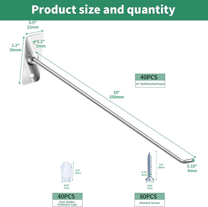 40 Pcs 10"/25CM Stainless Steel Wall Mounted Hooks with Protective Caps and Screws, Coat Bag Hat Utility Hook, Garage Tools S