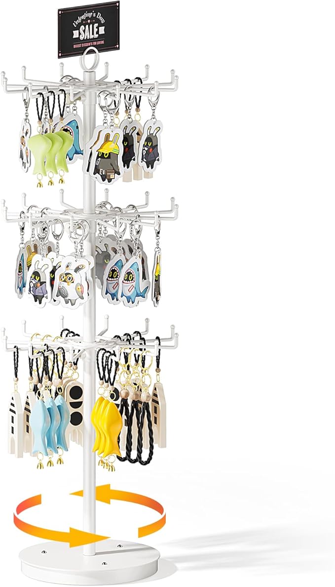 ORLESS 3 Tier Rotating Jewelry Display Stand, Keychain Display Stand with 36 Hooks, Metal Retail Display Spinning Holder for 
