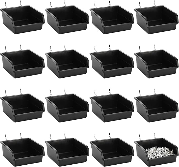 Foraineam 16 Pack Pegboard Bins with Metal Hooks, Black Garage Workbench Bins Cups Peg Board Accessories Kit, Pegboard Tools 