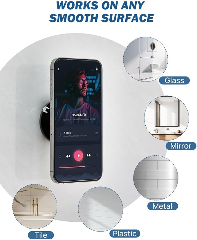 JOYTUTUS Shower Phone Holder, Reusable Suction Cup Phone Mount for Shower, Mirror, Kitchen, Window & Bathroom, Shower Phone Mount Compatible with iPhone 16, 15, 14, 13, 12 & All Phones,Black,2 Pack