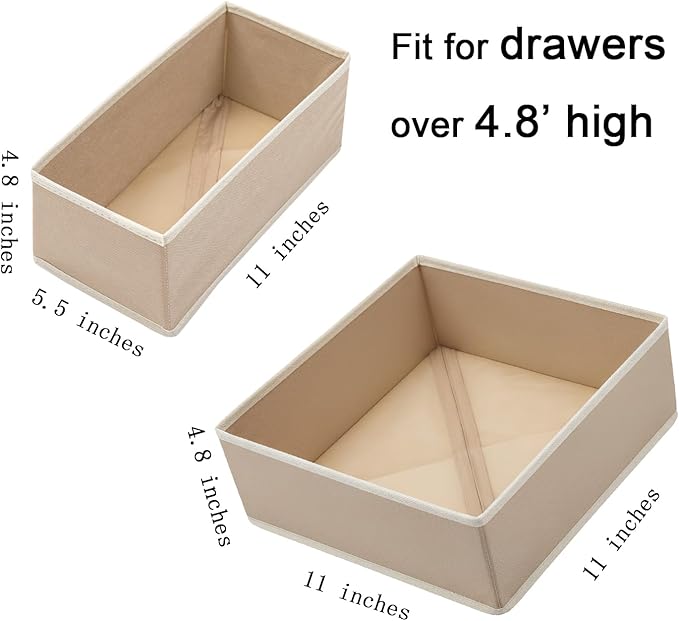Bructhun Drawer Organizer Set of 4 Beige - Fabric Storage Bins for Clothes, Underwear, Socks & Bras - 11" Dresser Dividers fo