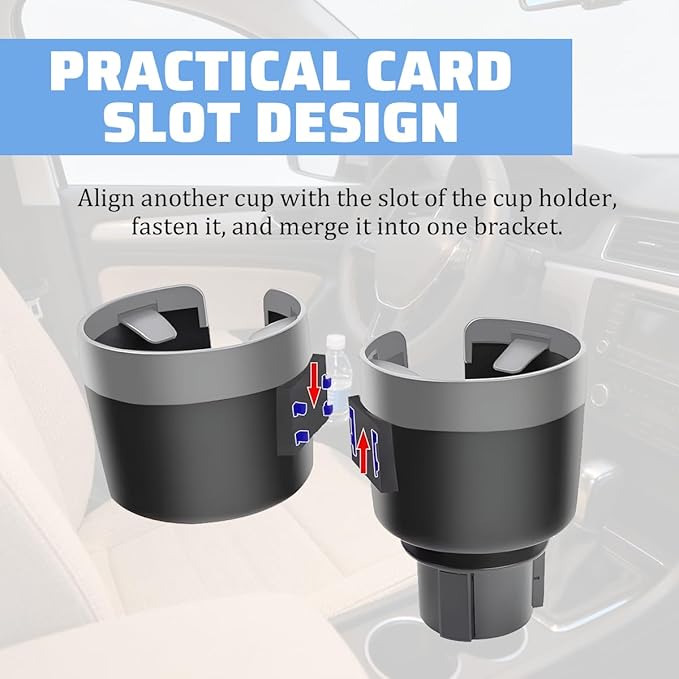 Car Double Cup Holder Expander, 2 in 1 Multifunctional Vehicle Cup Holder Adapter with Adjustable Base, Auto Drink Bottles Ex