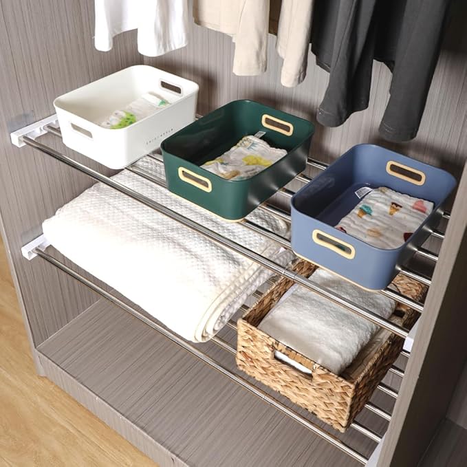 Hershii Adjustable Closet Shelf Wardrobe Rail Metal Hanging Rod Storage Rack Extendable Clothes Divider Separator Organizer f