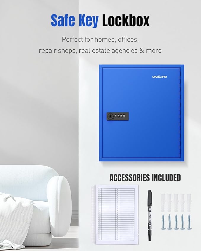 Uniclife 60 Keys Key Lock Box with Code, Wall Mount Key Box, Key Cabinet with Key Racks and Tags, Lock Box for Keys, Key Lock