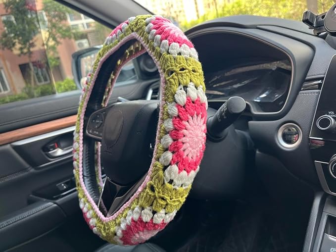 Crochet Sunflower Car Steering Wheel Covers Universal 14-15 inch for Women/Men (A,Steering Wheel Cover)