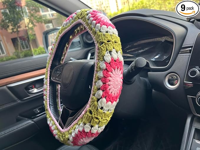 Crochet Sunflower Car Steering Wheel Covers Universal 14-15 inch for Women/Men (A,Steering Wheel Cover)