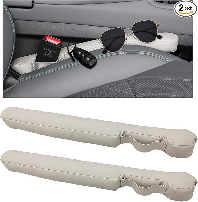 2PCS Leather Car Seat Gap Filler, No-Drop Seat Side Gap Plug Crevice Blocker with Securing Strap, Elastic Filler Block The Gap Between Seats & Console for Truck SUV Sedan (Beige)