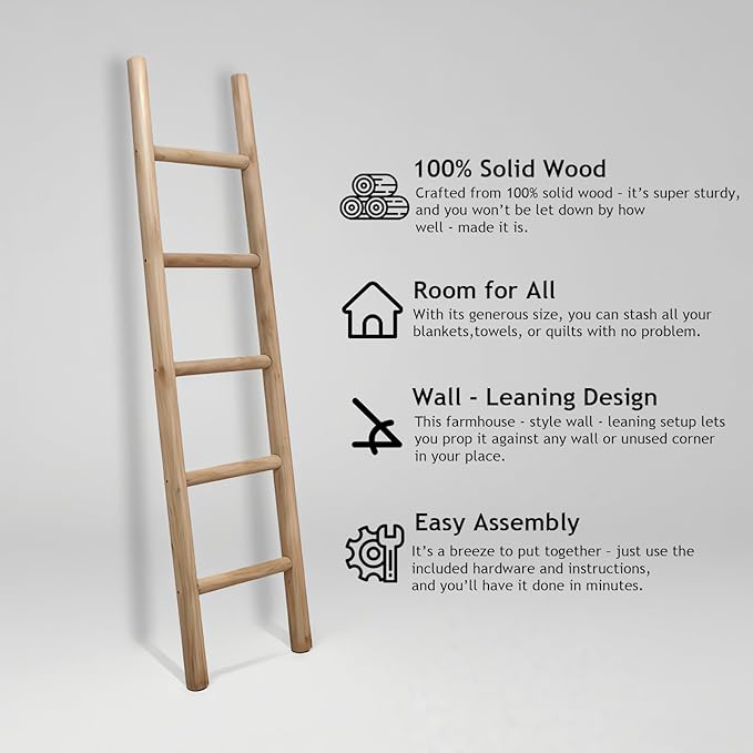 Wooden Blanket Ladder - 57in Natural Wood Color- Leaning Wall Decor for Bedroom, Bathroom, Living Room - Rustic Quilt Holder 