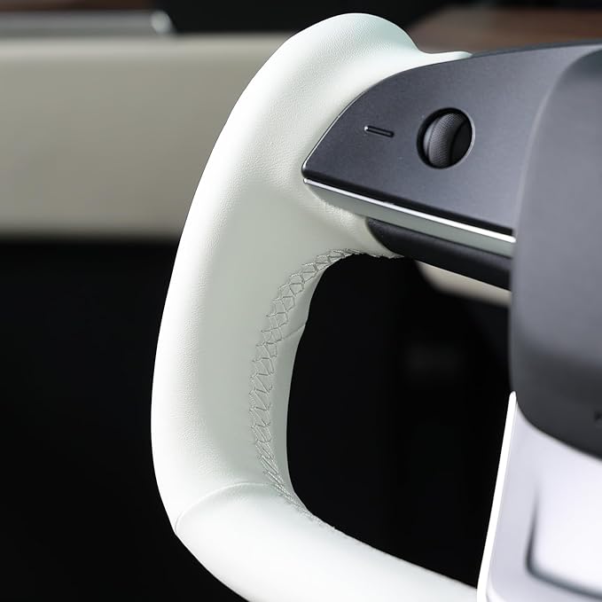 MEWANT Hand Stitched White Leather Steering Wheel Cover Wrap for Tesla Model S 2021-2023 / Model X 2021-2023 Steering Wheel Accessories