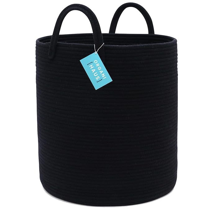 OrganiHaus Large Black Woven Laundry Basket w/Handles 52L, Rope Dirty Clothes Hamper, Blanket Basket for Living Room, Baby La