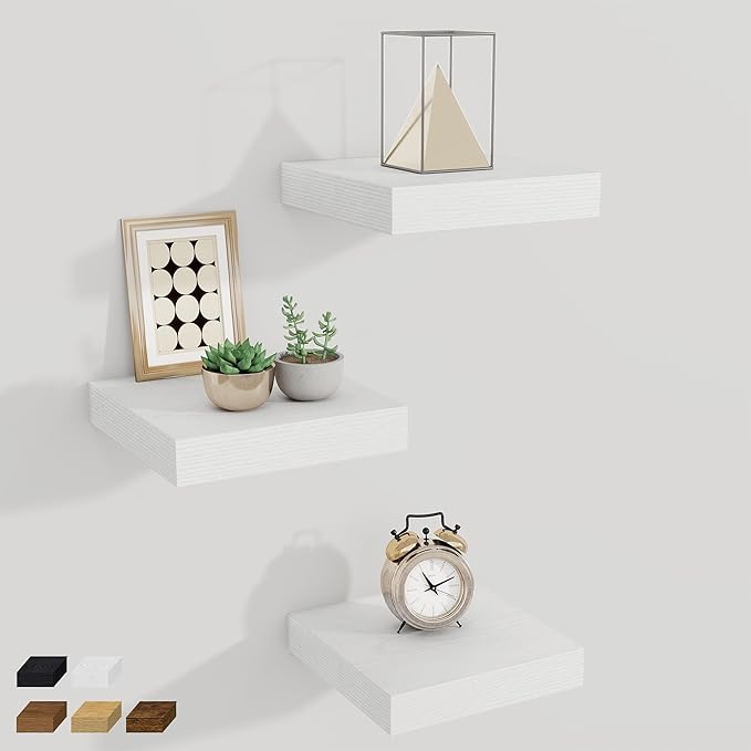 Fun Memories Small Floating Shelves for Wall - 8 Inch Square Wall Shelves with Invisible Brackets, White Shelves for Bathroom