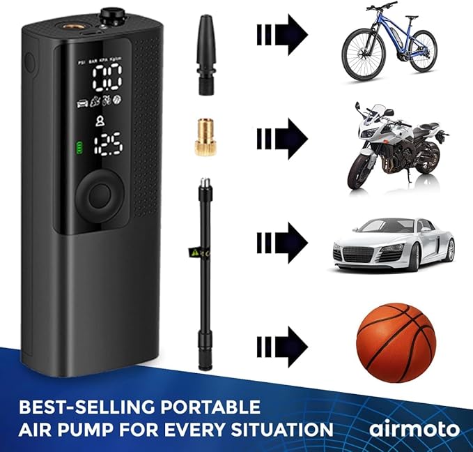 Airmoto Tire Inflator Portable Air Compressor - Air Pump For Car Tires with Digital Pressure Gauge, LED Light and Auto Shut-O