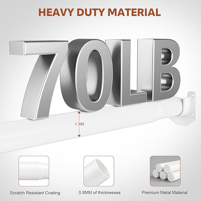 Closet Rods for Hanging Clothes, 17-70 Inch Stepless Adjustable Closet Rod, 1.3 Inch Heavy Duty Metal Clothes Hanging Rod, Ex