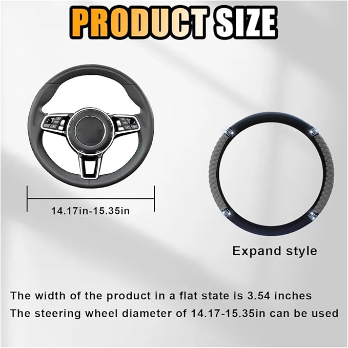 Bling Soft Leather Steering Wheel Cover, 15 Inch Colorful Rhinestones Auto Elastic Protector with Crystal Diamond for Women G