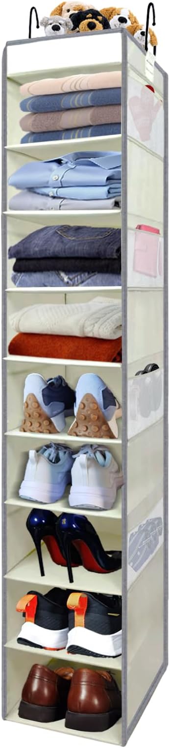 Large-Sized Hanging Shoe Organizer 10-Shelf, Sturdy Hanging Closet Organizer with 8 Side Pockets, Wider Hanging Shelves for S