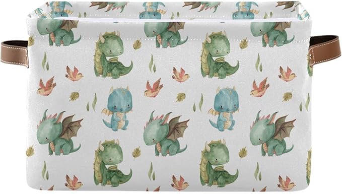 xigua Cute Dragon Storage Basket Collapsible Storage Bins Waterproof Canvas Storage Basket with Leather Handles for Home Clos