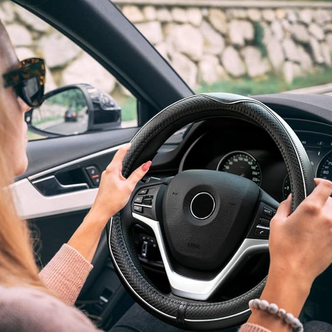 Rueesh Microfiber Leather Steering Wheel Cover Anti-Slip Matte Finish Auto Car Wheel Cover Universal 15 Inch Wheel Cover for 