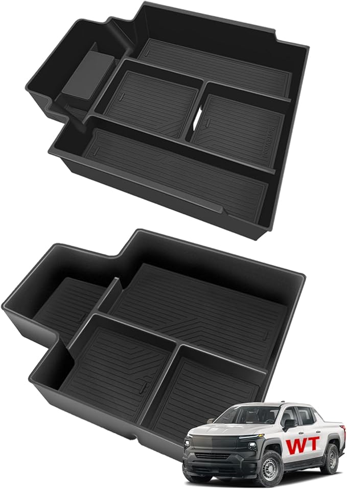 BestEvMod 2PCS Center Console Organizer Trays Fit for Chevrolet Silverado EV 2026 2025 2024 Pickup Armrest Storage Box ABS Material with PVC Trim Not Fit ICE or RST Models (Top + Bottom)