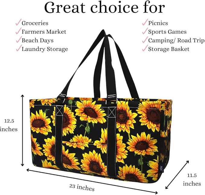 NGIL Extra Large Utility Tote Reusable Grocery Organizing Bag Oversized Collapsible for Storage, Picnic,Car, Beach (Sunflower-black)